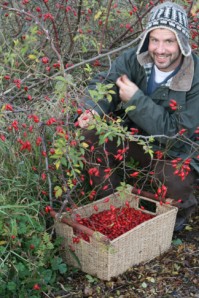 Collecting rosehips - Isobelle thinks I look a right plonker in that hat!